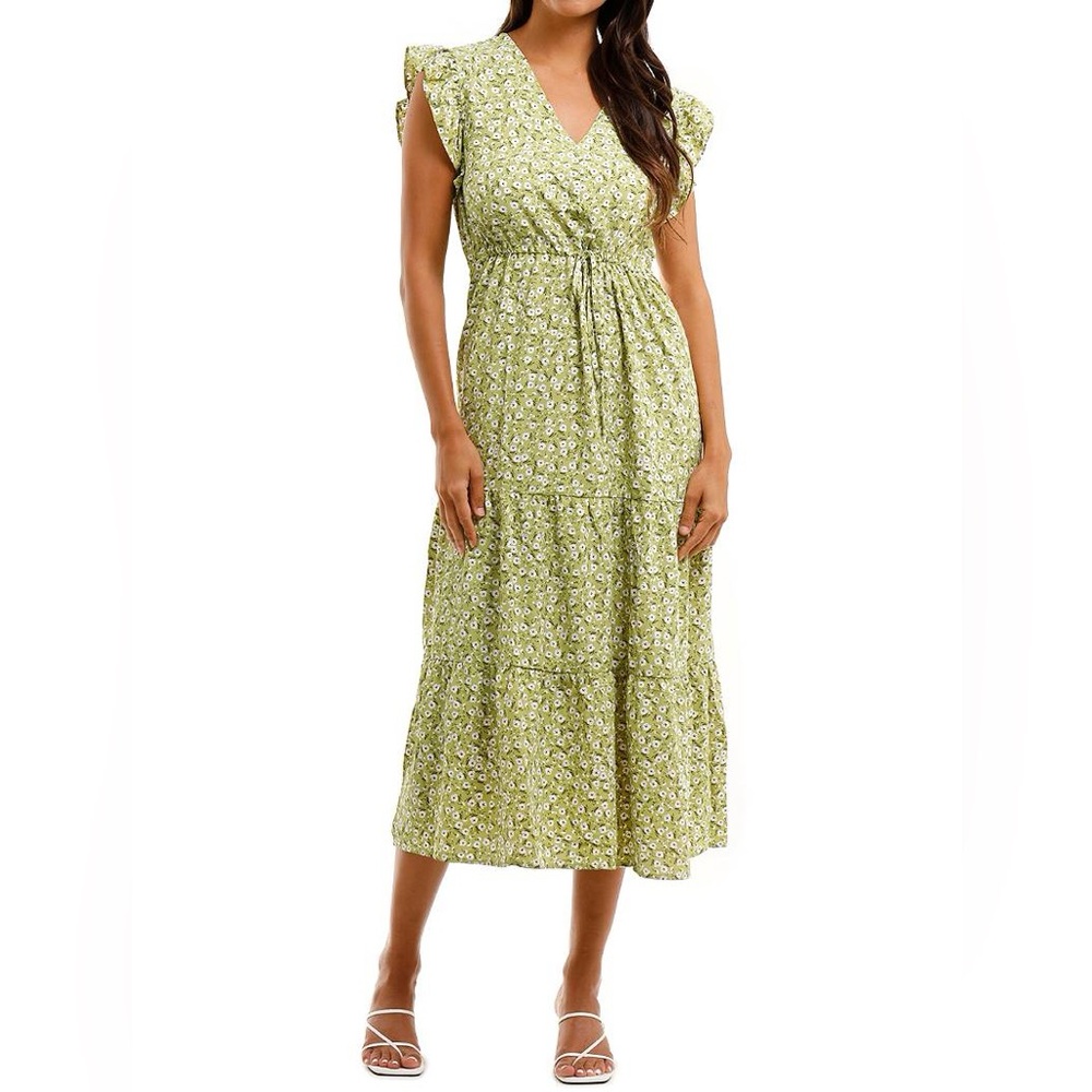 MANGO ruffled sleeve dress floral green maxi size 4 NWOT
